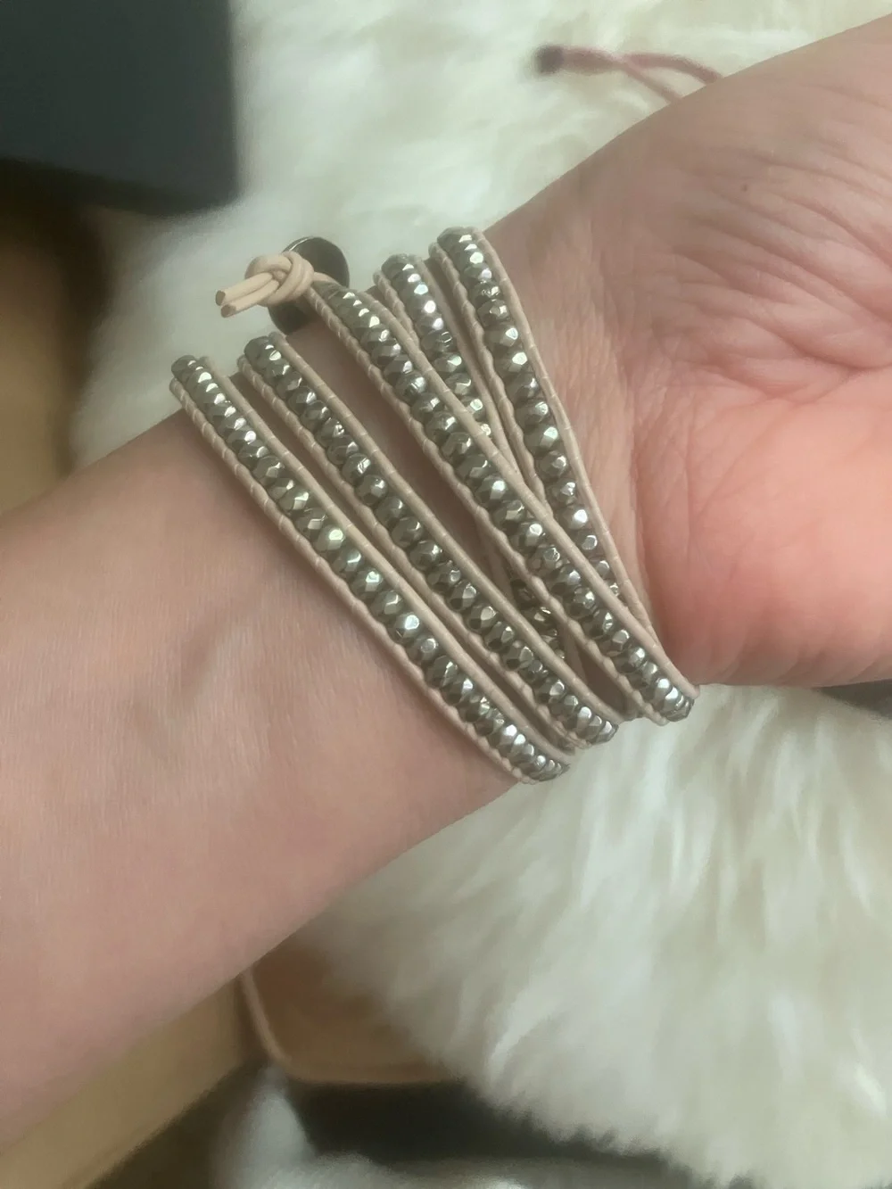 Chan Luu Beige Leather Wrap Bracelet with Silver Beads